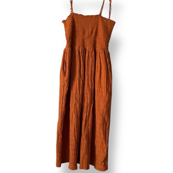 Aerie Rust Orange Smocked Button Front Tie Up Straps Midi Sun Dress Size Medium - Picture 6 of 9